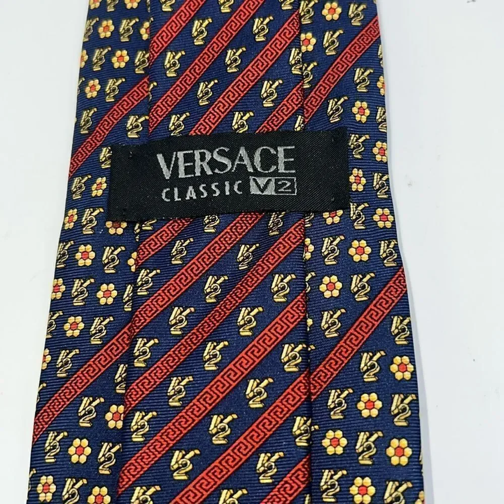 VERSACE CLASSIC V2 Navy Blue and Yellow Floral Pattern Silk Necktie